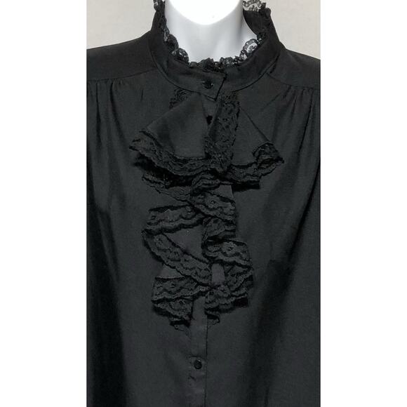Vintage 70s Blouse Top XL Ruffle Lace Collar Blk ILGWU Victorian Prairie Gothic - Picture 3 of 9